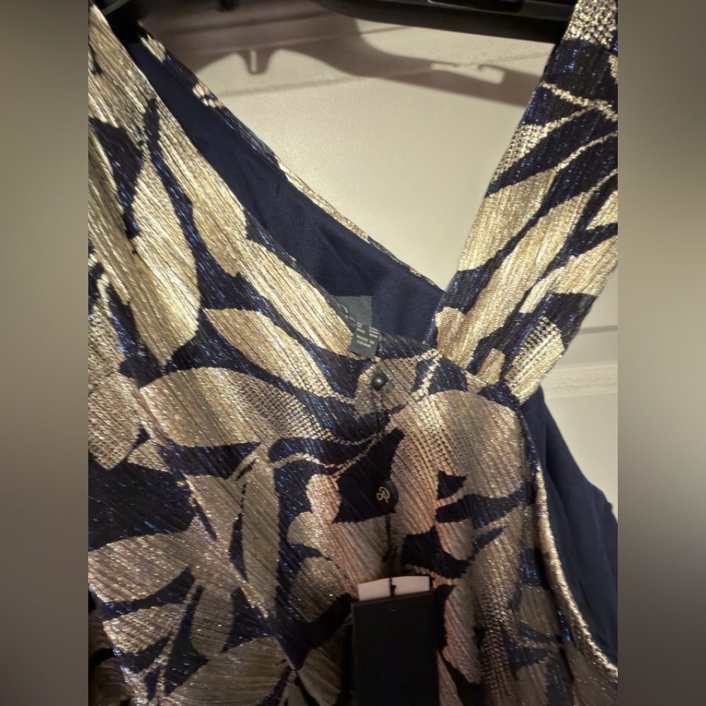 Adrianna Papell Navy and Gold Foil Asymmetric Gown - Picture 3 of 4
